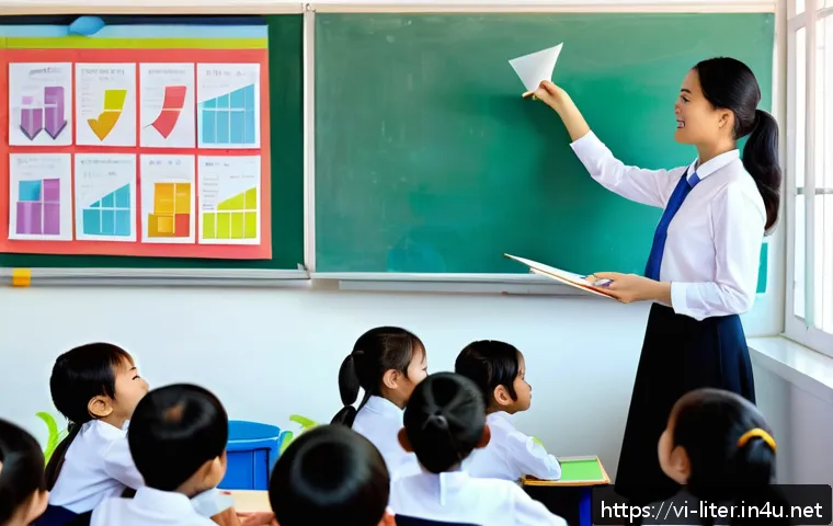 문해교육사와 타 직업 비교 - A Vietnamese female literacy teacher in a modern classroom setting, wearing professional attire with...