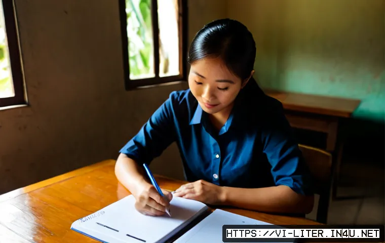 Home 15 문해교육사와 학생 평가 보고서 작성 - Photorealistic adult literacy educator in a modest Vietnamese community learning center, reviewing a...
