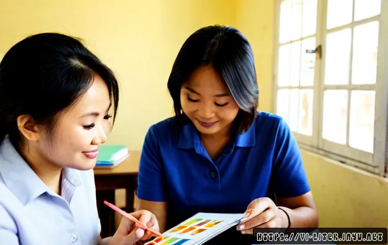 문해교육사와 학습 진도 기록법 - Photorealistic Vietnamese adult literacy educator guiding two middle-aged learners at a bright commu...