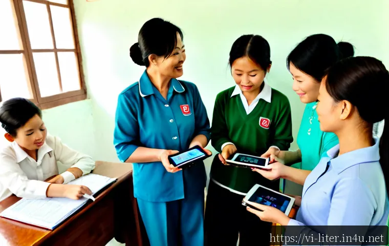 문해교육사와 새로운 기술 도입 사례 - Photorealistic Vietnamese adult literacy educator guiding a small group of middle-aged and elderly l...