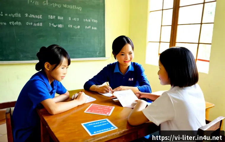 Home 17 문해교육사 교육 목표 설정법 - Photorealistic adult literacy educator in Vietnam setting clear learning goals with a small group of...